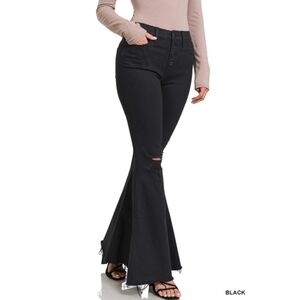 Zenana Raw Hem Bell Bottom Button Fly Distressed Black Jeans NWT